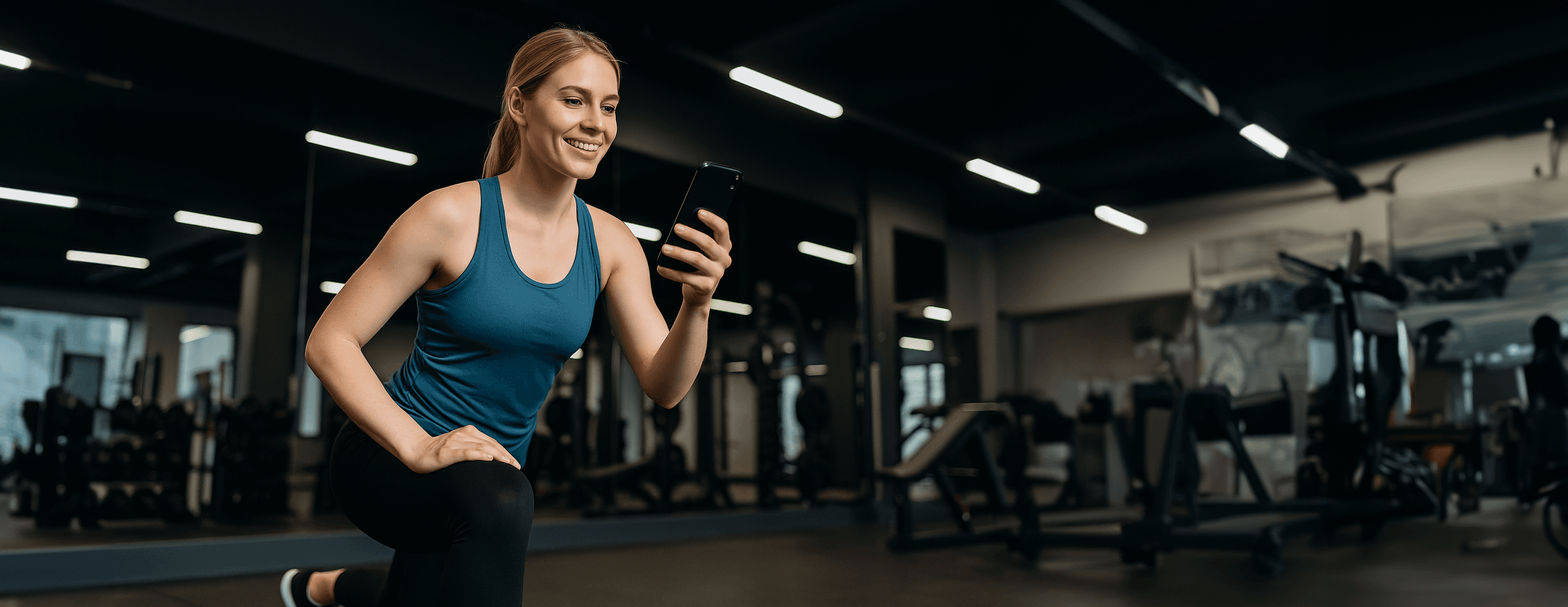 Woman using app on mobile in gym